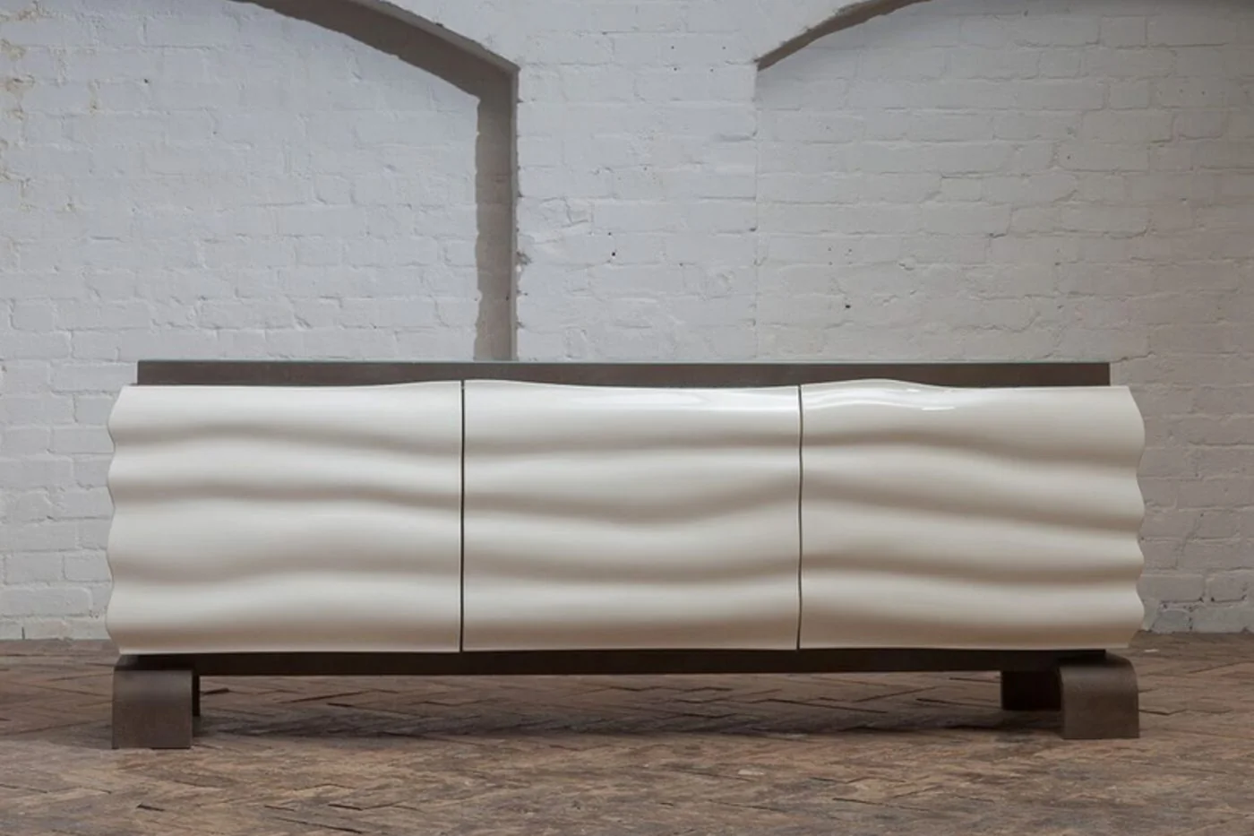Ondina — wave panel sideboard in pearlescent lacquer on patinated bronze base, Sterox Studio