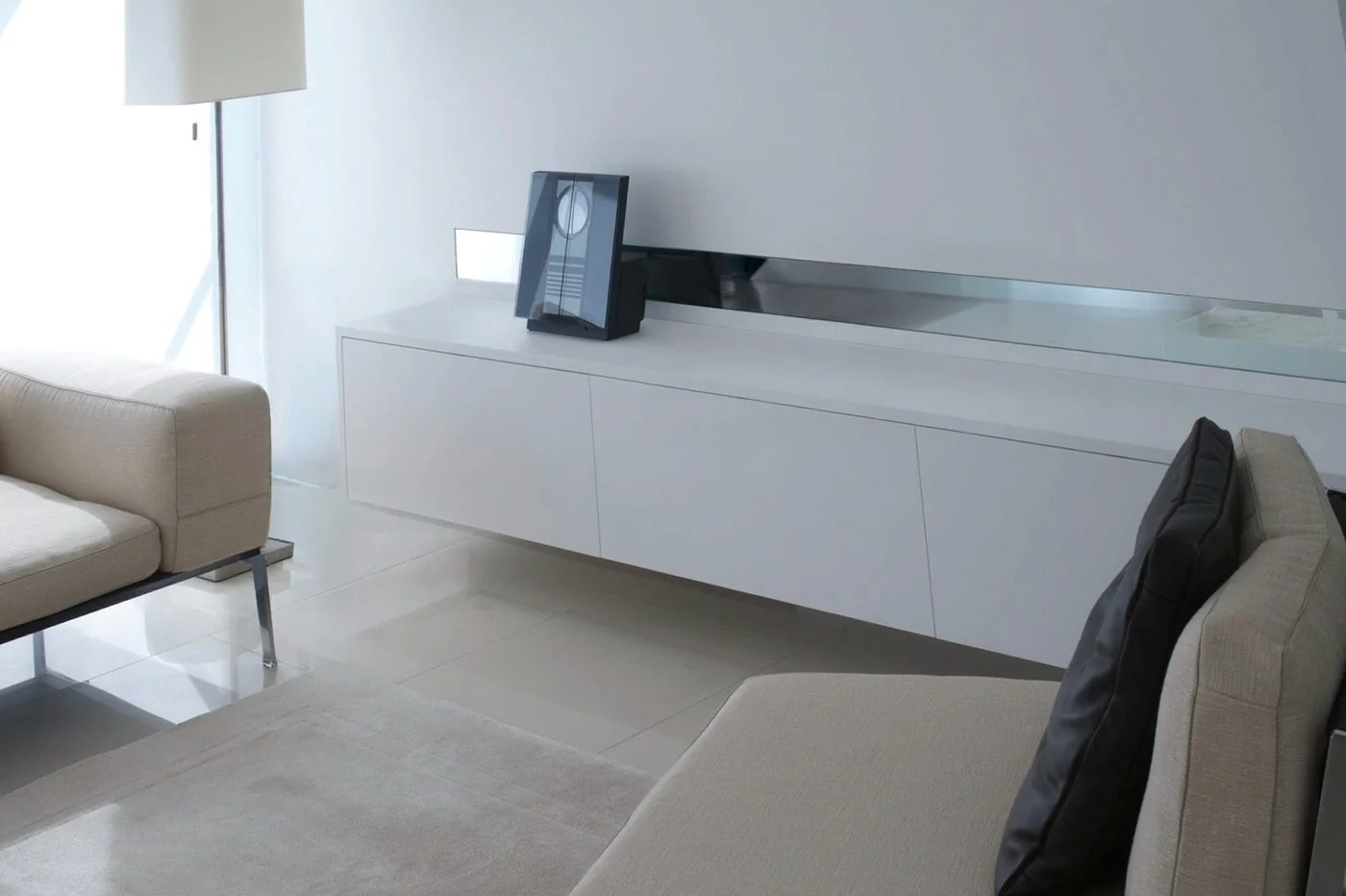 Plana wall-mounted Corian storage, Sterox Studio London